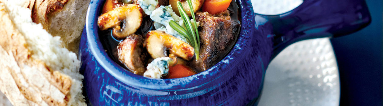 Beef and mushroom stew with blue cheese
