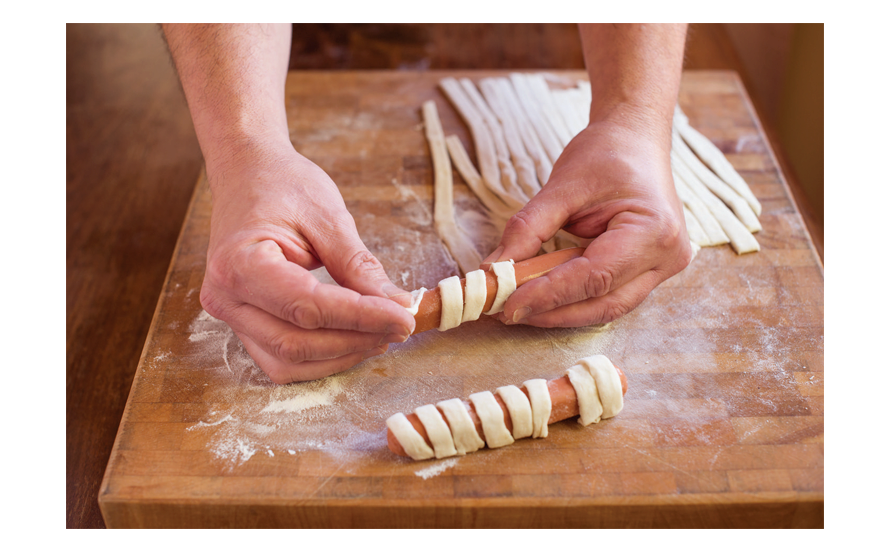  Wrap 2 or 3 Pastry Strips Around Each Hot Dog