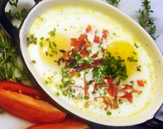 Shirred Eggs with Bacon, Tomato and Herbs
