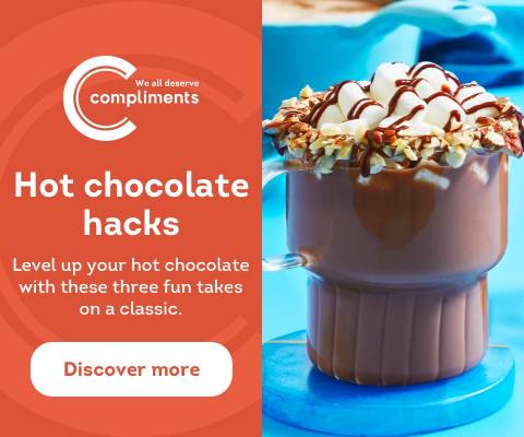 Text Reading 'Take your favourite hot chocolate on a classic level with the Compliments three flavourful twists.'