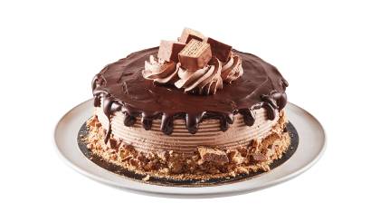 Layered cake iced with a fudge topped pour-over effect, finished with candy bar pieces on a white plate.