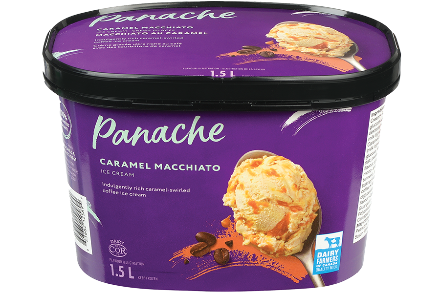 Purple Panache Caramel Macchiato Ice Cream tub with a scoop of the ice cream in the right-hand corner along with a few coffee beans.