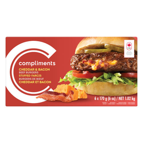 Red box of Compliments Cheddar & Bacon Beef Burgers