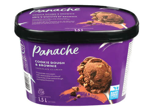 Purple ice cream container of Panache Cookie Dough & Brownie Ice Cream