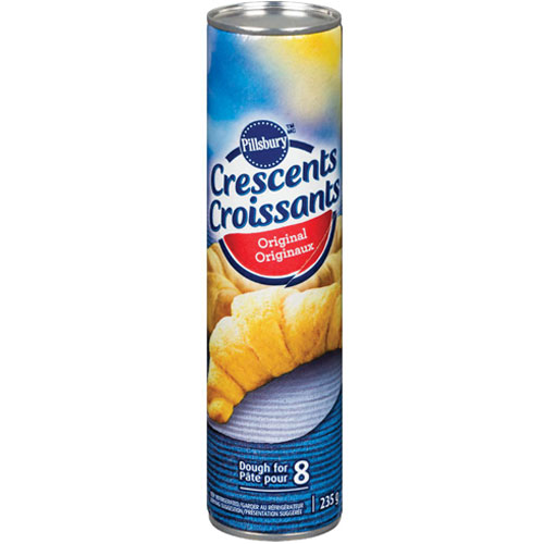 A blue tube of Pillsbury Original Crescent Roll dough with an image of a crescent roll on the front.