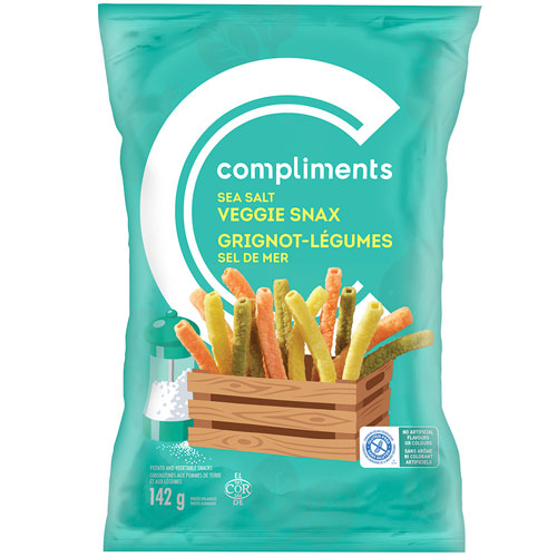 A bag of Compliments Veggie Snax in Sea Salt flavour.