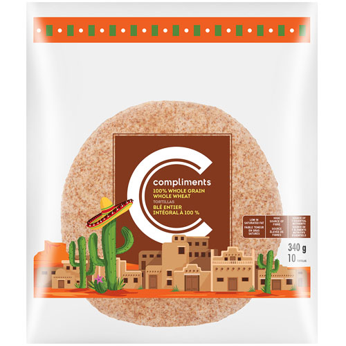 Compliments 100% Whole Grain Whole Wheat Tortillas in a clear zippable bag with a brown logo.