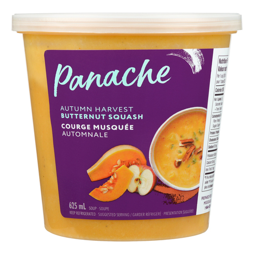 Clear plastic Panache container showing the soup with a purple package sticker that reads Panache Harvest Butternut Squash Soup.