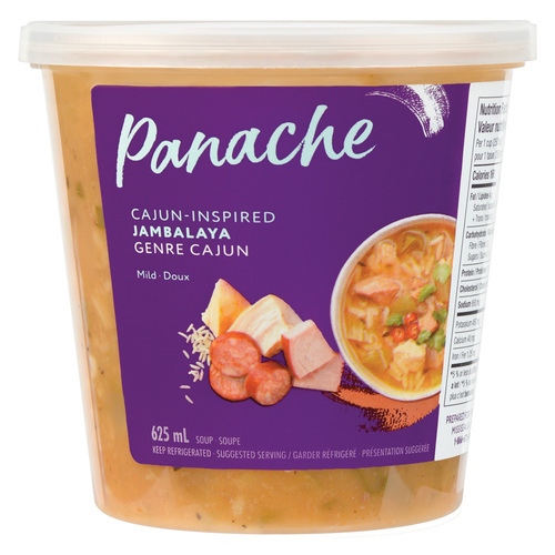 Clear plastic Panache container showing the soup with a purple package sticker that reads Panache Cajun-Inspired Jambalaya