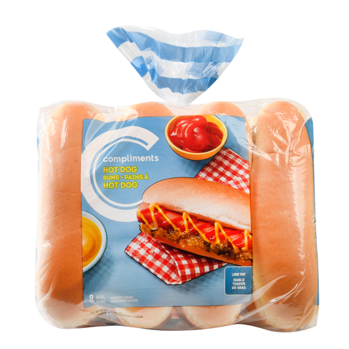 A clear plastic Compliments Hot Dog Buns bag with a blue label showing a fully dressed hot dog on a red-and-white napkin.