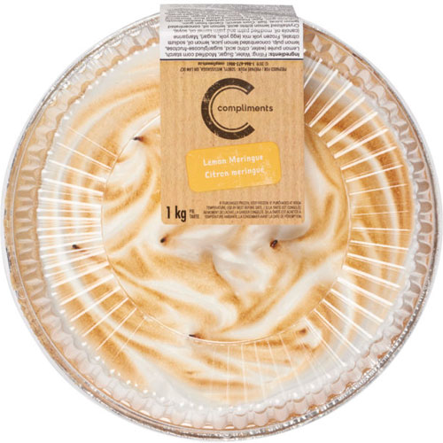 Clear-topped pie plate with Compliments lemon meringue pie