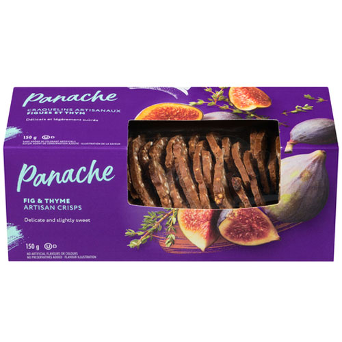 Purple box of Panache Fig & Thyme Artisan Crisps depicting a cut in half fresh fig.