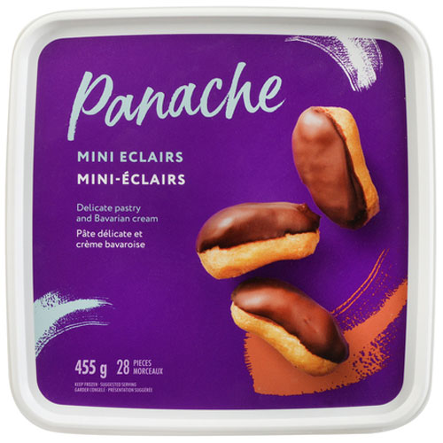 White plastic container of Panache mini eclairs with a purple label showing a few of them on the label.