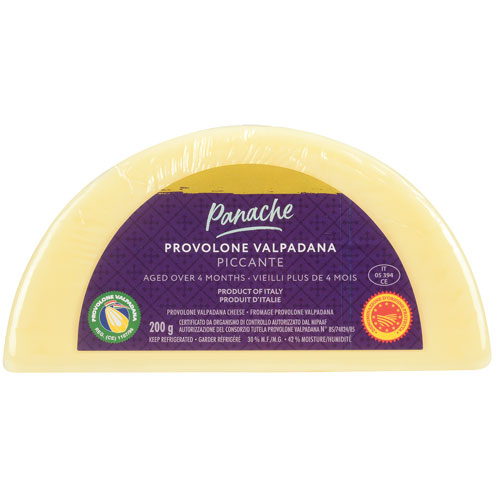 Semi circle package of Panache Provolone Valpadana Piccante PDO cheese with purple label.