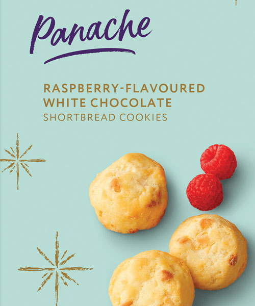 Light green Panache box with Raspberry-Flavoured White Chocolate Shortbread Cookies on the front.