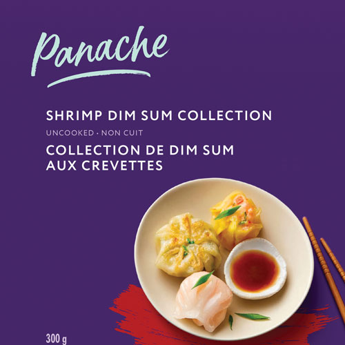 Purple box featuring an image of the Panache Shrimp Dim Sum collection on the front with chop sticks.
