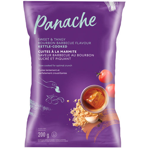 Purple packet of Panache Sweet & Tangy Bourbon Barbecue Flavour Kettle Cooked Chips with an illustration on the front of a hand grabbing a chip with an image of tomatoes, garlic, brown sugar and BBQ sauce in a bowl.