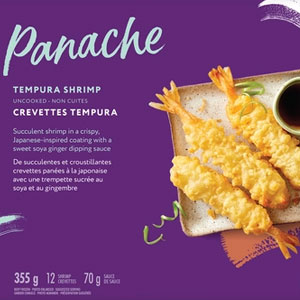 purple box with photo of a square plate with three shrimp tempura and bowl of soy sauce
