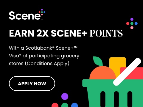 Text Reading 'Scene Plus. Earn 2x Scene+ points with a Scotiabank Scene+ Visa at participating grocery stores (Conditions Apply). Click the button given below to 'Apply Now'.
