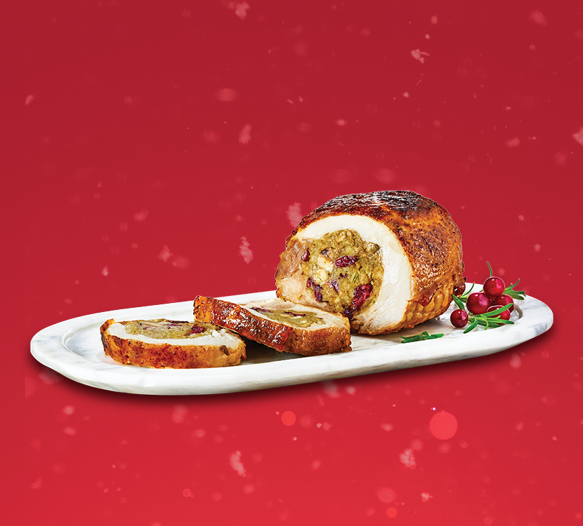 Compliments boneless stuffed turkey breast on red background