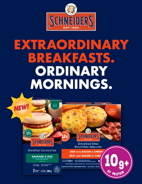 A box of Schneiders breakfast sandwiches in flavour sausage and egg and breakfast bites in flavour egg with bacon and cheddar with a logo and tagline