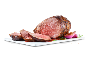 Prepared top sirloin roast on a cutting board with onion and sprigs of rosemary